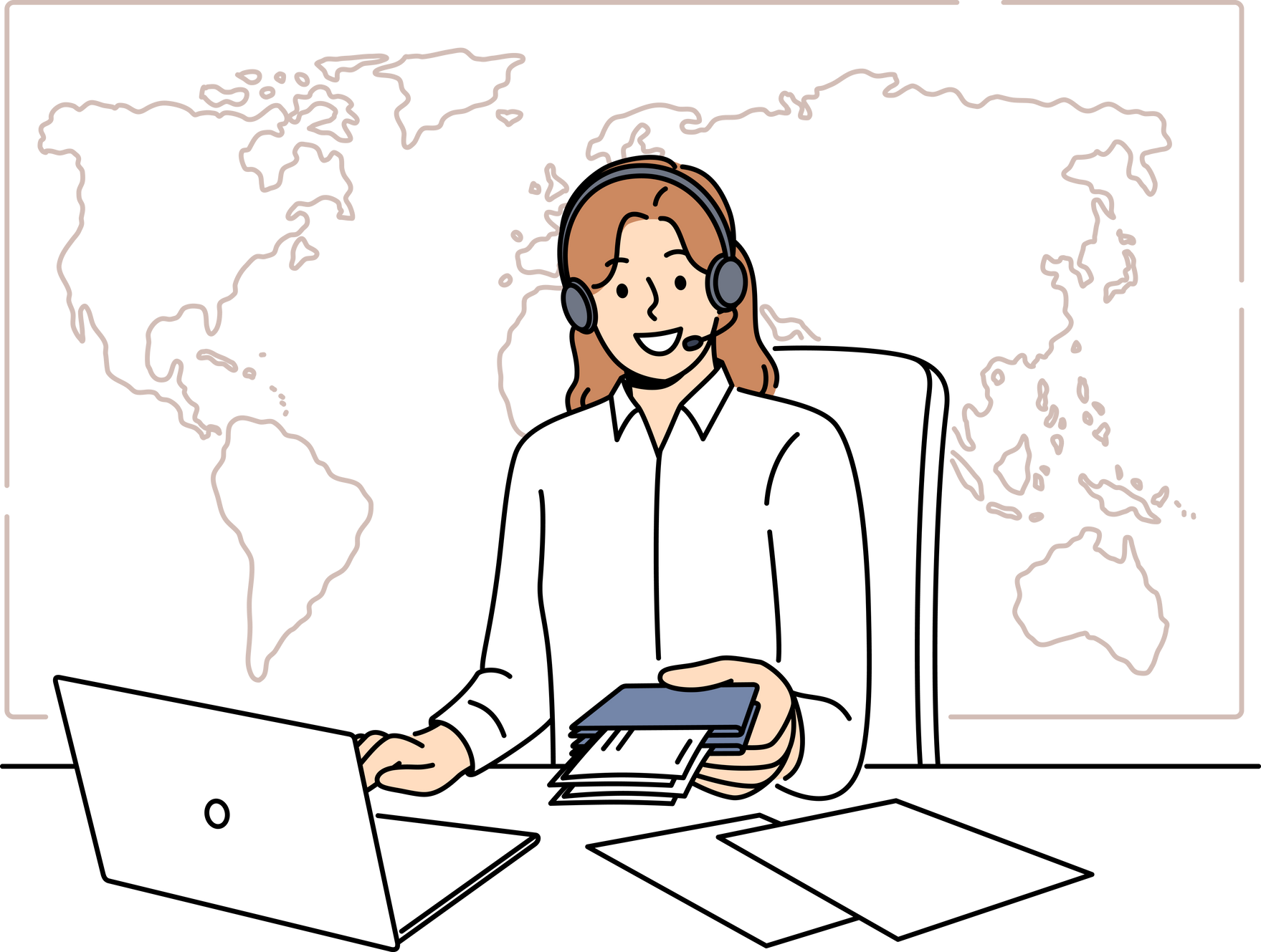 Woman manager of travel agency sits at office desk and holds passport with visas and plane tickets
